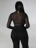 Black Transparent Mesh  Long-Sleeved Top Pants Sexy Nightclub Two-Piece Set