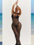 Women's Sexy Solid Color Two Piece Bikini Hollow Backless Halter Neck Beach Long Dress Three Piece Set