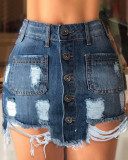Women Single Breasted Pocket Patchwork Ripped Denim Skirt