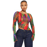 Women's Fashion Sexy Printed Mesh Printed Lace-Up Long Sleeve Top