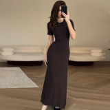 Women's Summer Fashion Solid Color Slim Fit Round Neck Short Sleeve Dress