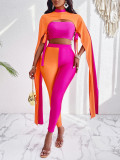Women Summer Contrast Color Stand Collar Streamer Top And Pants Two-piece Set