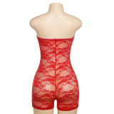 Spring Women Sexy See-Through Lace Jacquard Strapless Jumpsuit