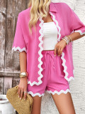 Women's Spring And Summer Casual Solid Color Lace Shirt Shorts Set