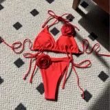 Women Solid Rose Drawstring Lace-Up swimwear Bikini Two Pieces