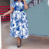 Plus Size Women Printed Stand Collar Belted Dress