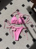 Women Solid Rose Drawstring Lace-Up swimwear Bikini Two Pieces