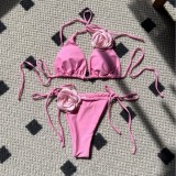 Women Solid Rose Drawstring Lace-Up swimwear Bikini Two Pieces