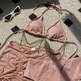 Sexy Drawstring Lace-Up Glitter Fabric Chain Three-Piece Bikini Swimsuit