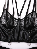 Plus Size Women pu Leather Fishnet See-Through Sexy Lingerie Two-piece Set