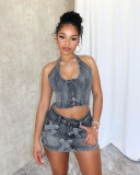 Women Halter Neck Lace-Up Cross Wash Sleeveless Top and Skirt Two-piece Set