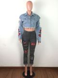 Autumn And Winter Women's Retro Trendy Fashion Embroidered Ripped Denim Pants