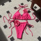Women Solid Rose Drawstring Lace-Up swimwear Bikini Two Pieces