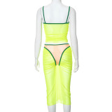 Women summer color-blocked mesh sleeveless suspender Top and gathered Patchwork culottes two-piece set