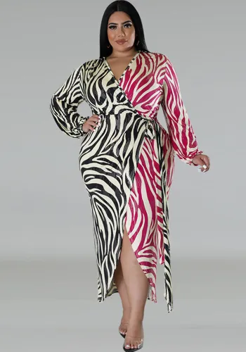 Plus Size Women Printed Two-Color Patchwork Lace-Up Irregular Sexy Dress