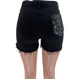 Mid-Rise Buttoned Fashion Sequined Denim Shorts