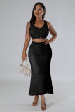 Women tassel fishnet knitting Casual Top and Skirt two-piece set