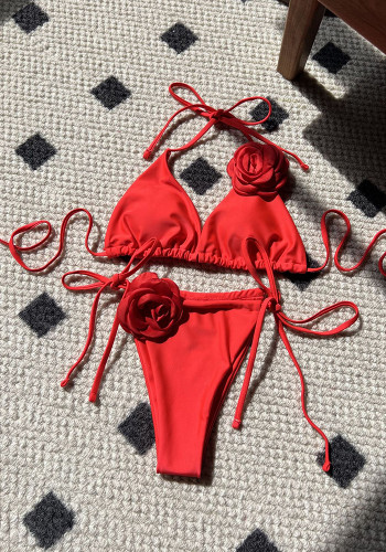Women Solid Rose Drawstring Lace-Up swimwear Bikini Two Pieces