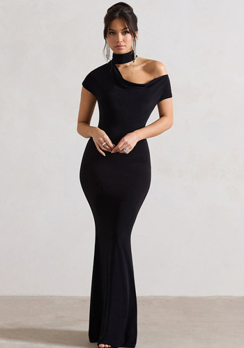 Women Summer Solid Casual Chic One Sleeve Off Shoulder Long Dress