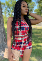 Women Checkered Stripe Print Halter Neck Top and Shorts Casual Two-piece Set