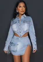 Women Washed Button Zipper Straps Irregular Top and Slit Cargo Denim Skirt Two-piece Set