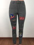 Autumn And Winter Women's Retro Trendy Fashion Embroidered Ripped Denim Pants