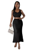 Women tassel fishnet knitting Casual Top and Skirt two-piece set