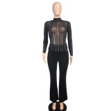Black Transparent Mesh  Long-Sleeved Top Pants Sexy Nightclub Two-Piece Set