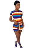 Women summer striped print Top and Shorts Casual two-piece set