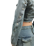 Women Washed Button Zipper Straps Irregular Top and Slit Cargo Denim Skirt Two-piece Set