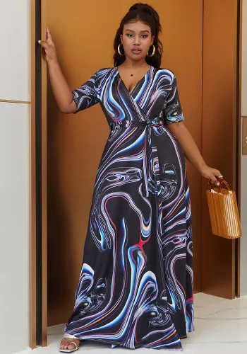 Plus Size Women Bohemian Tie Dye Casual Slit Beach Short Sleeve Dress