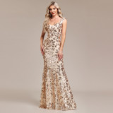 Women Square Neck Mermaid Rose Gold Pattern Sequin Sleeveless Party Evening Dress