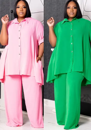 Plus Size Women Short Sleeve Top and Wide Leg Pants Two-piece Set