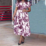 Plus Size Women Printed Stand Collar Belted Dress