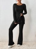 Women Solid Sexy Casual Chic Slit Top and Bell Bottom Pant Two Piece Set