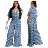 Fashion Women's V-Neck Print Pleated Casual Jumpsuit