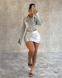 Women Washed Button Zipper Straps Irregular Top and Slit Cargo Denim Skirt Two-piece Set