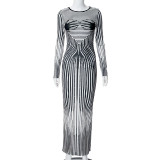 Women's Spring Casual Striped Print Long Sleeve Round Neck Dress
