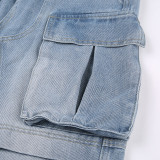Women Pocket Loose Washed Cargo Denim Pants