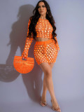 Women crocheted sequined long-sleeved Top an beach dress two-piece set
