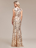 Women Square Neck Mermaid Rose Gold Pattern Sequin Sleeveless Party Evening Dress