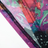 Women's Summer Mesh Print Round Neck Long Sleeve Top High Waist Pants Casual Two Piece Set