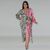 Plus Size Women Printed Two-Color Patchwork Lace-Up Irregular Sexy Dress