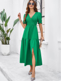 Women's Spring And Summer Solid Color Chic V-Neck Short-Sleeved Long Dress
