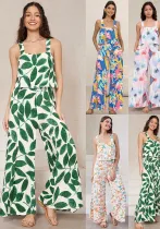 Women Casual Sling Printed Wide Leg Jumpsuit