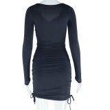 Women Solid Sexy U-Neck Long Sleeve Lace Up Bodycon Dress