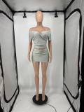 Women's Summer V-Neck Off Shoulder Short Sleeve Crop Top Skirt Slim Fit Elastic Casual Two Piece Set