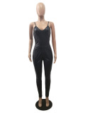 Women's Solid Color V-Neck Pu Leather Strap Slim Jumpsuit