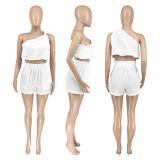 Women's Solid Color Slash Shoulder Sleeveless Two Piece Shorts Set