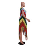Women knitting Multi-Color Striped Fringe Beach Skirt